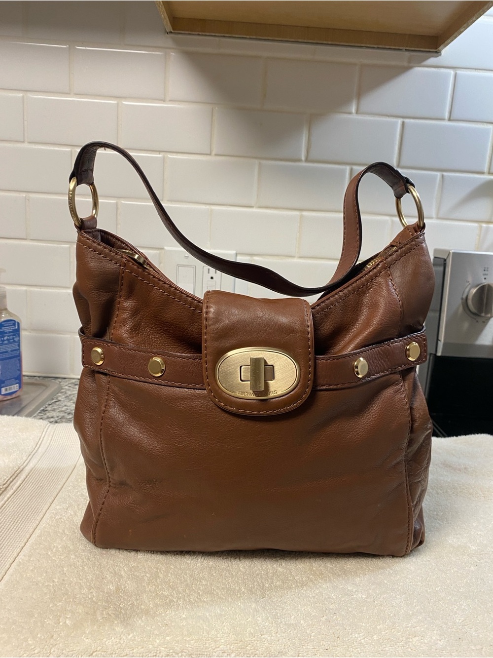 Michael Kors Brown Leather Shoulder Bag with Gold Hardware